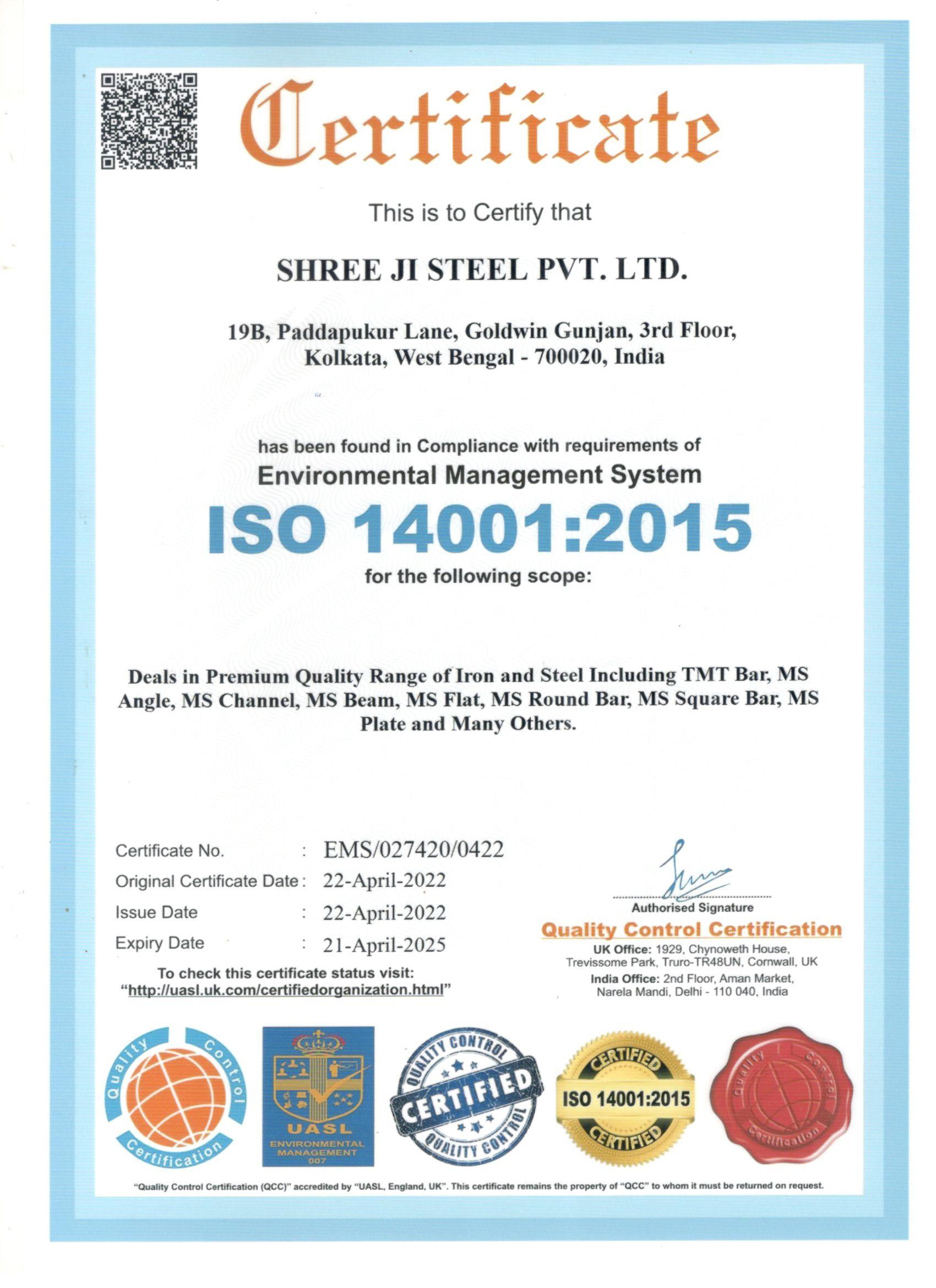 ISO 14001-2015 For shree ji steel private limited
