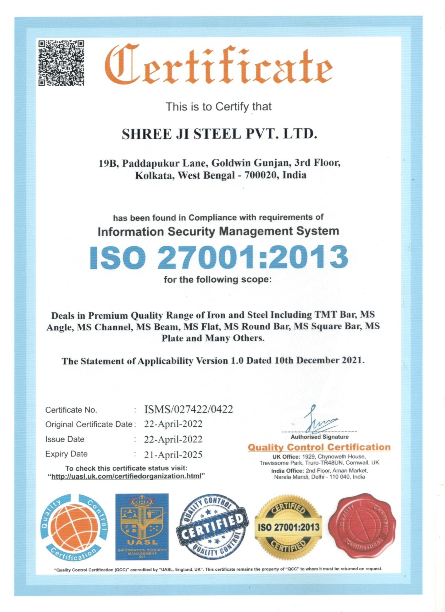 ISO 27001-2013 For shree ji steel private limited