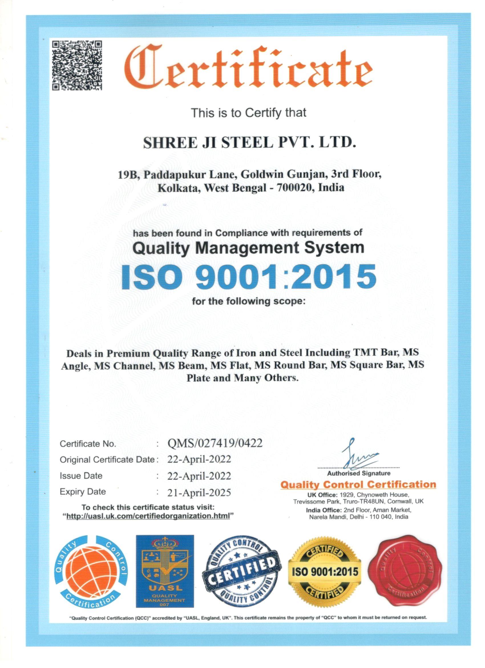 ISO 9001-2015 For shree ji steel private limited